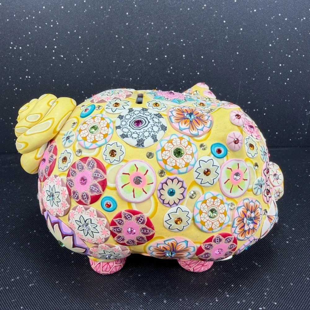 Billie Beads 2003 Handcrafted Piggy Bank Yellow Floral Millefiori Rhinestone 7in